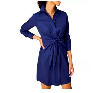 UNTUCKit Amelia Wrap Tie Front Button Down Shirtdress Dress Navy Blue